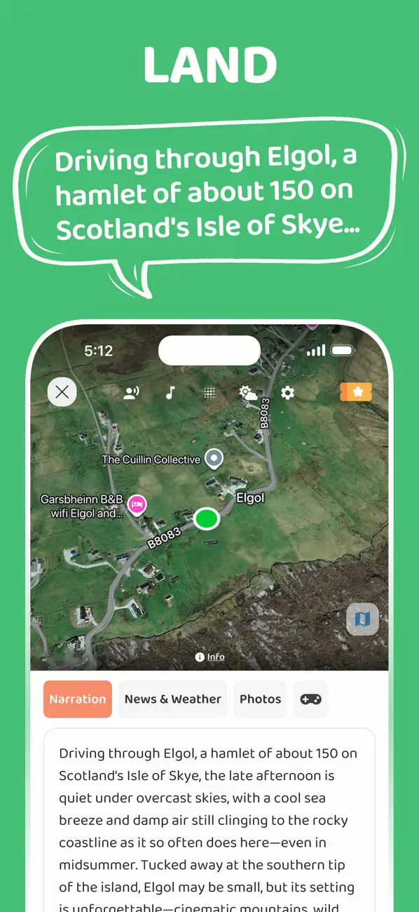 Actual JollyTango Land Mode App Store screenshot showing a route map, narration, local tabs, and nearby roads