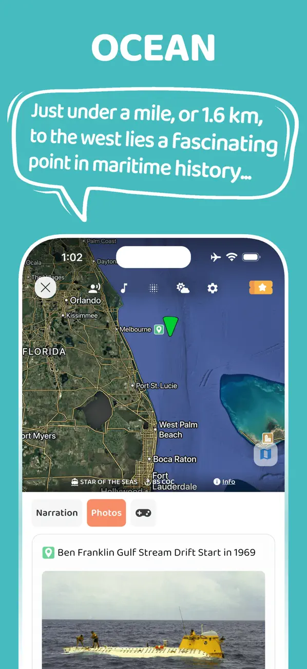 Actual JollyTango Ocean Mode App Store screenshot showing a coastal map, nearby ship route, and photos tab