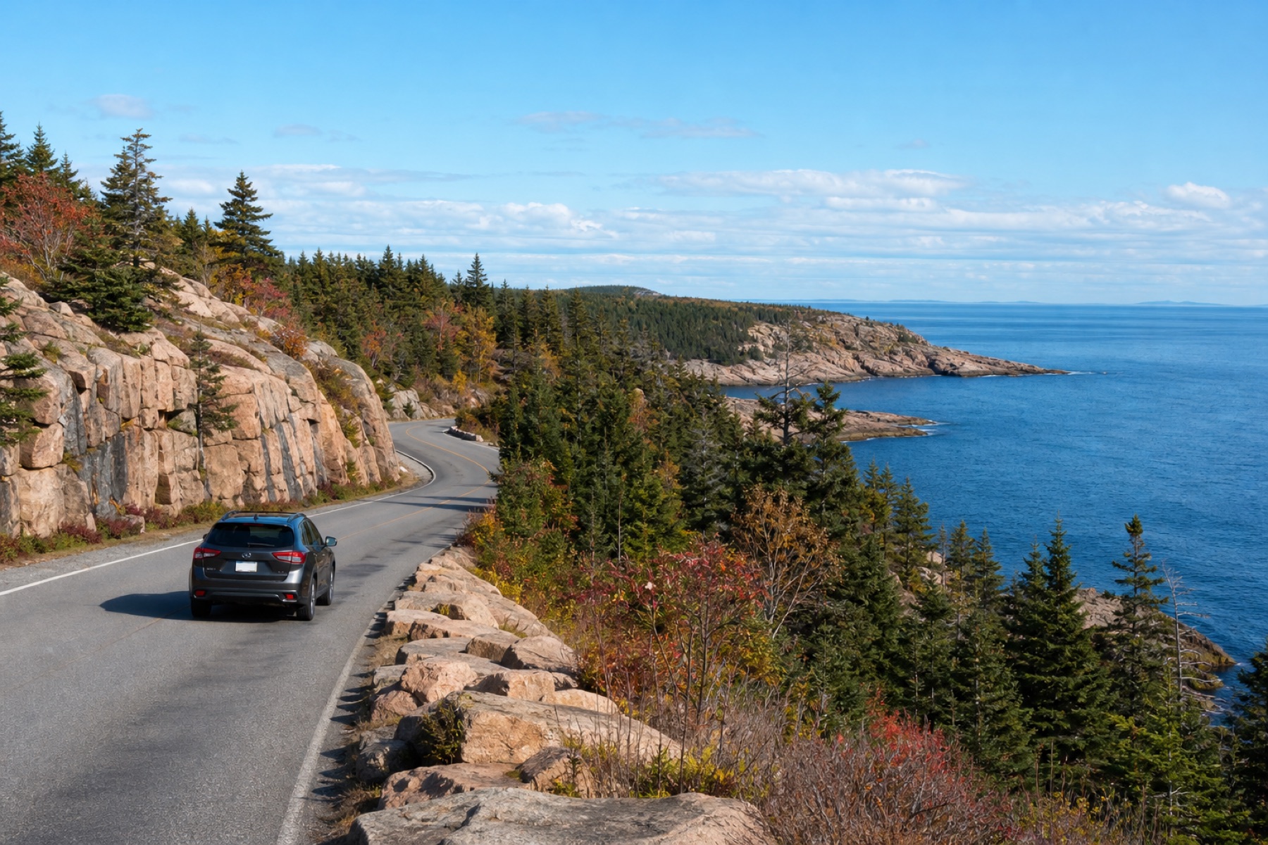 A car traveling on Acadia's coastal Park Loop Road beside granite and ocean