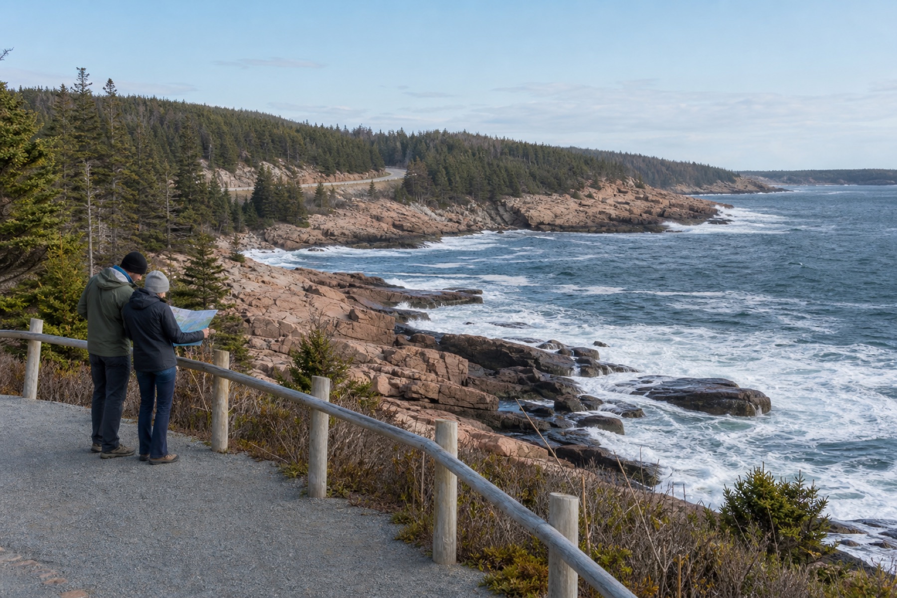 Travelers reviewing a map beside Acadia's rocky Atlantic coast