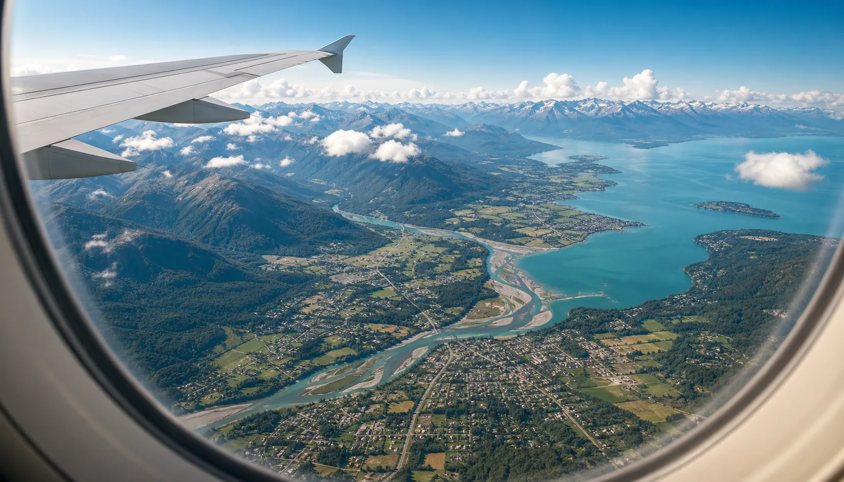 An airplane window view over mountains and coastline