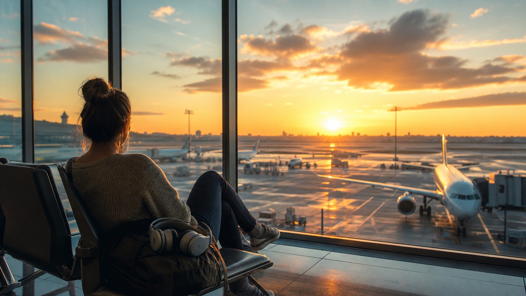 A traveler looking out an airport terminal window at airplanes during sunset