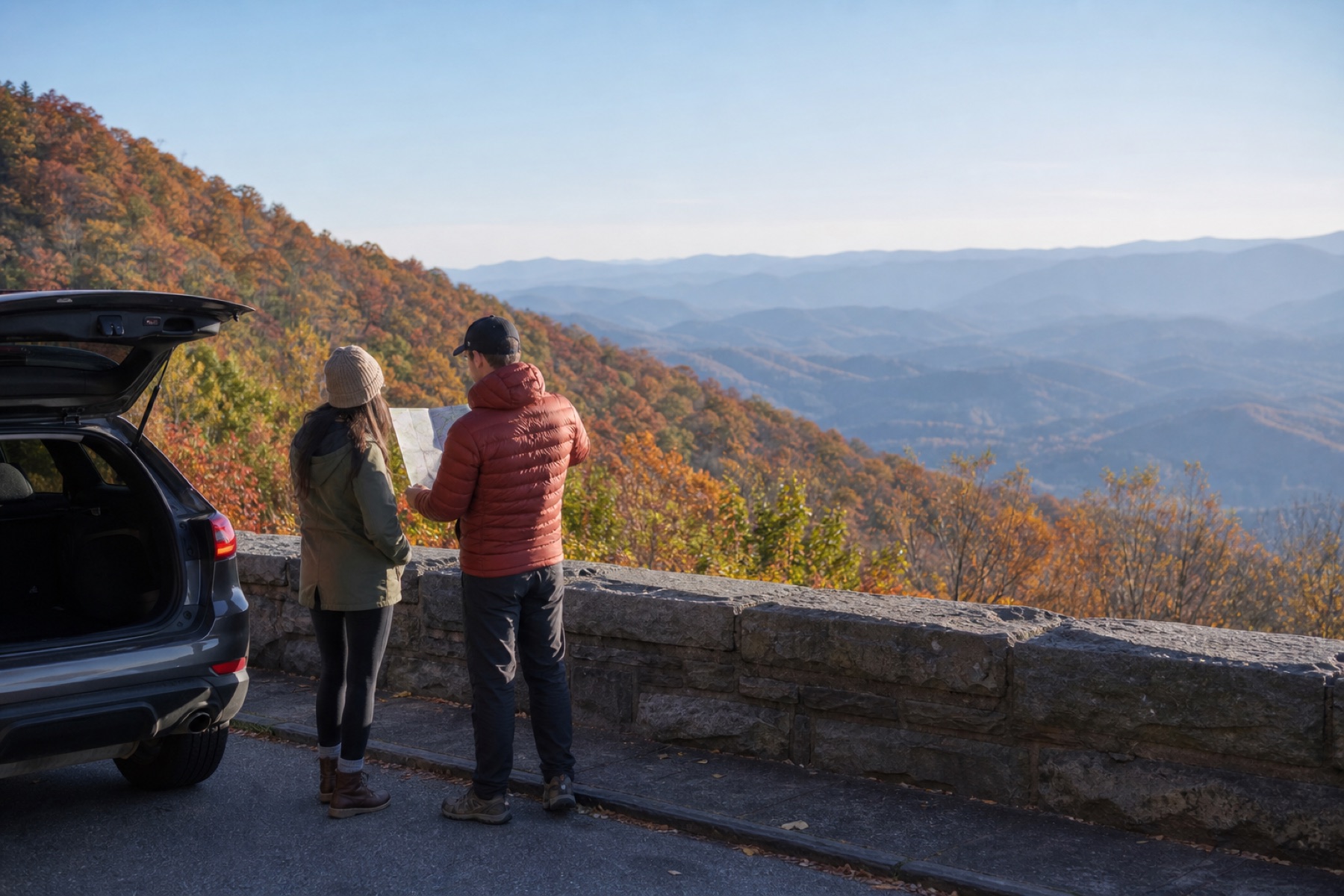 Travelers reviewing a map at a Blue Ridge Parkway overlook in autumn