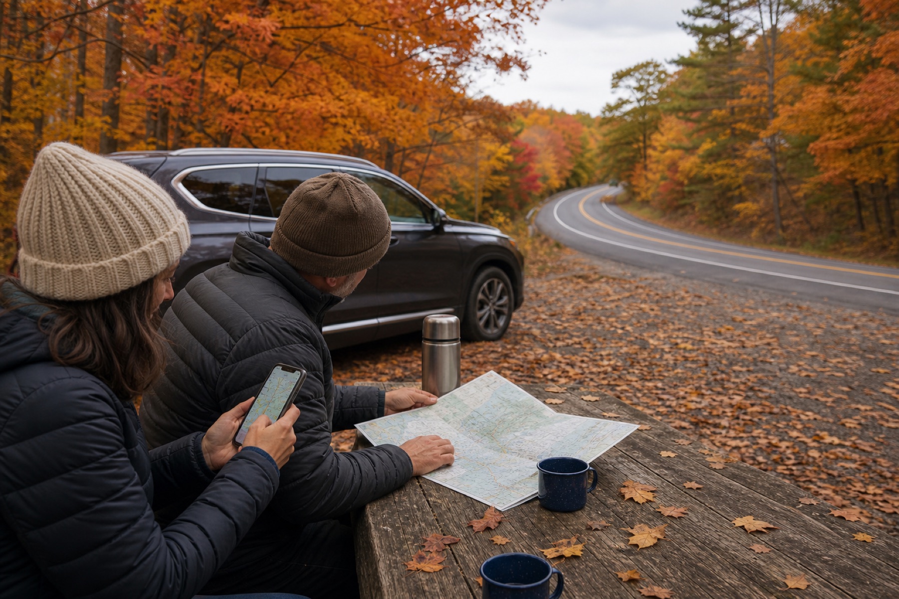 Travelers comparing a phone and paper map beside a parked car on a fall road trip