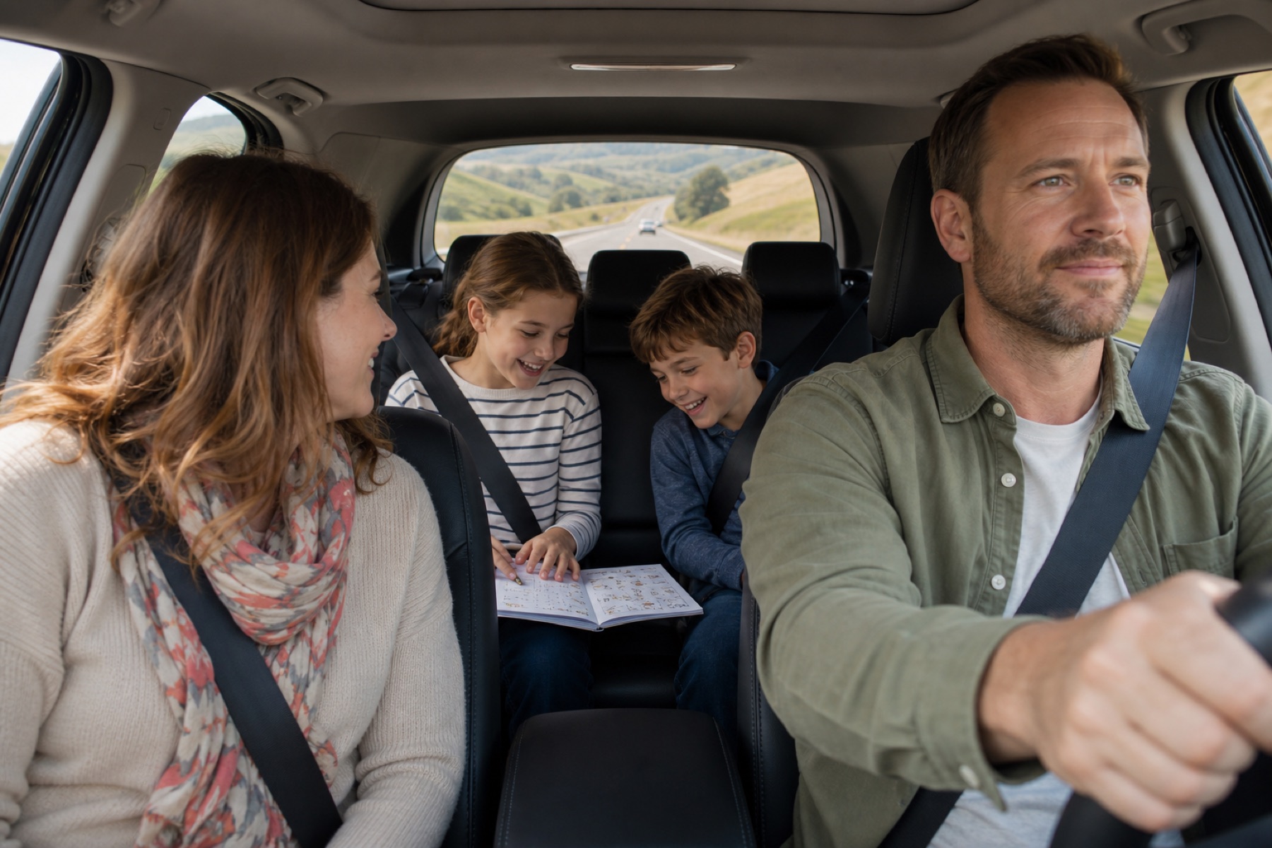 A family safely enjoying an audio activity together during a road trip