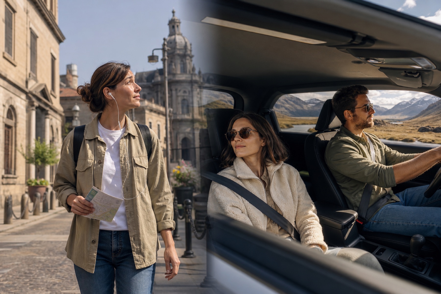 Travelers using audio on a planned city walk and during a road trip