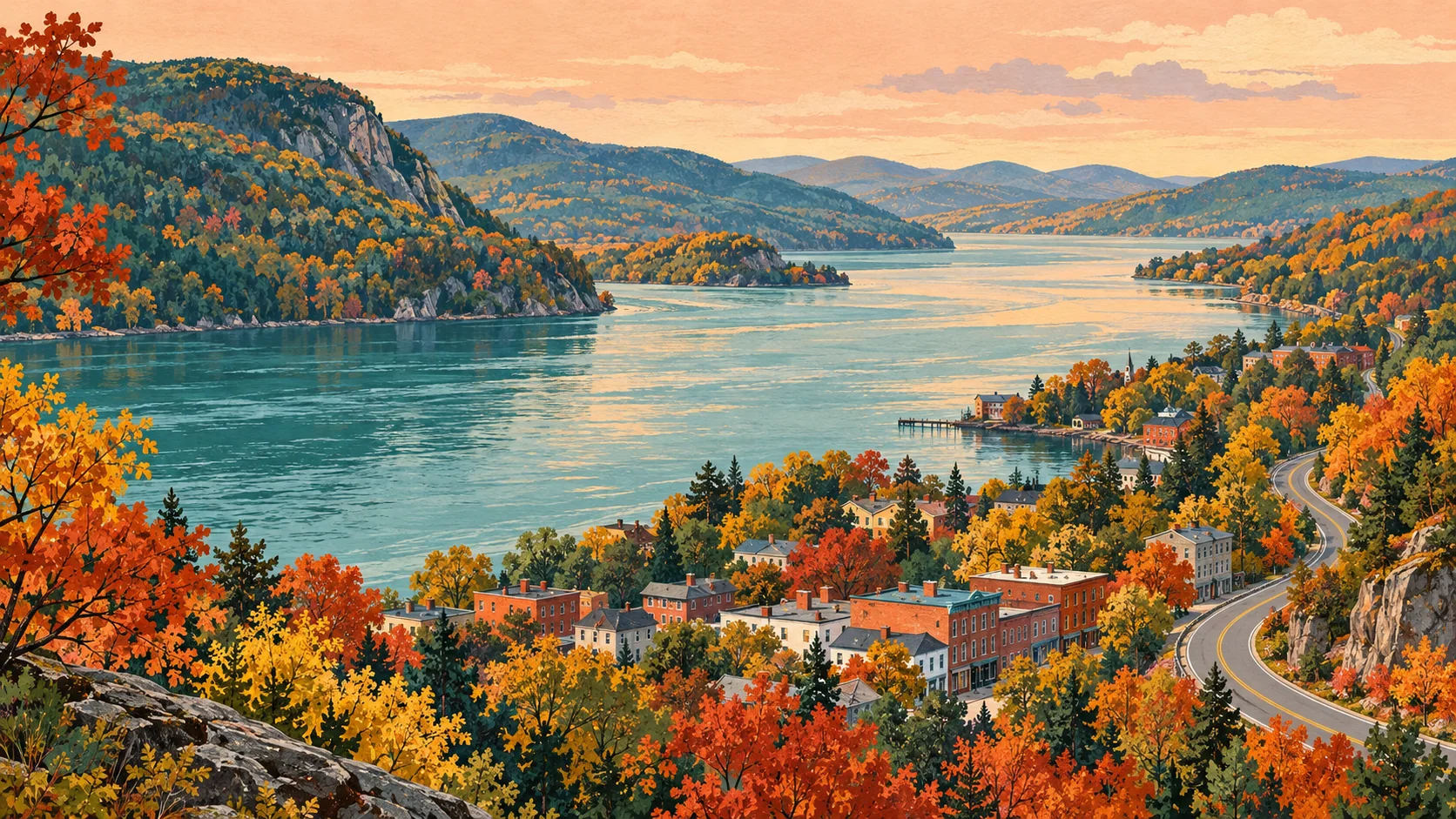 Illustration of a brick river town, autumn trees, and the Hudson River beneath the rounded Hudson Highlands