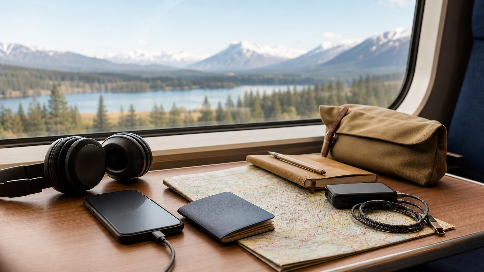 Travel essentials with headphones, paper map, phone, notebook, charger, and a scenic window view