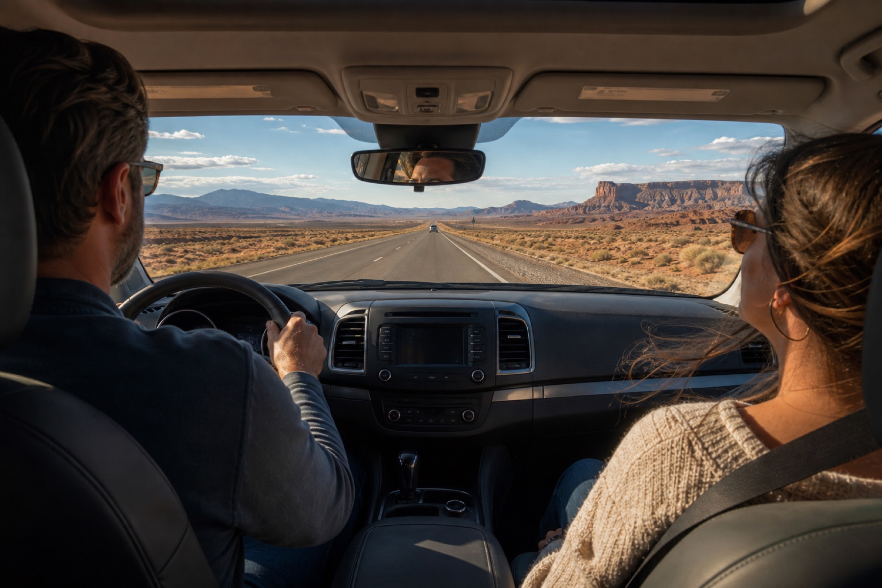 A driver and passenger safely traveling through a broad western landscape