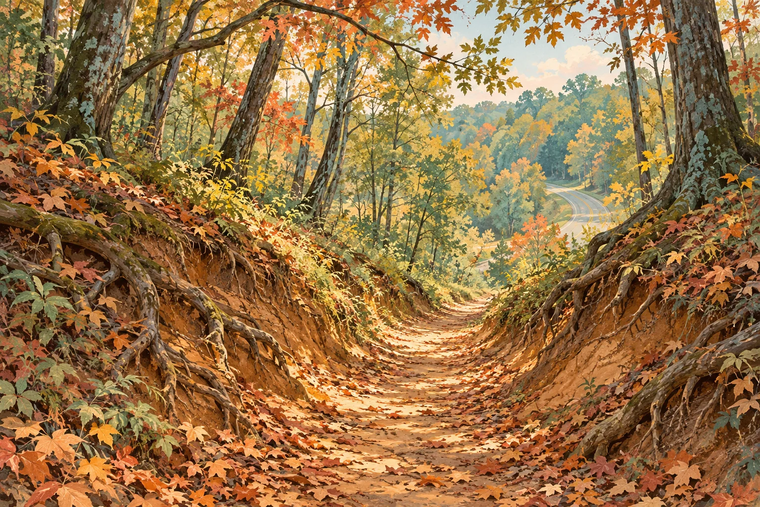 Painterly illustration of an old sunken footpath between wooded earthen banks, with a quiet parkway in the distance