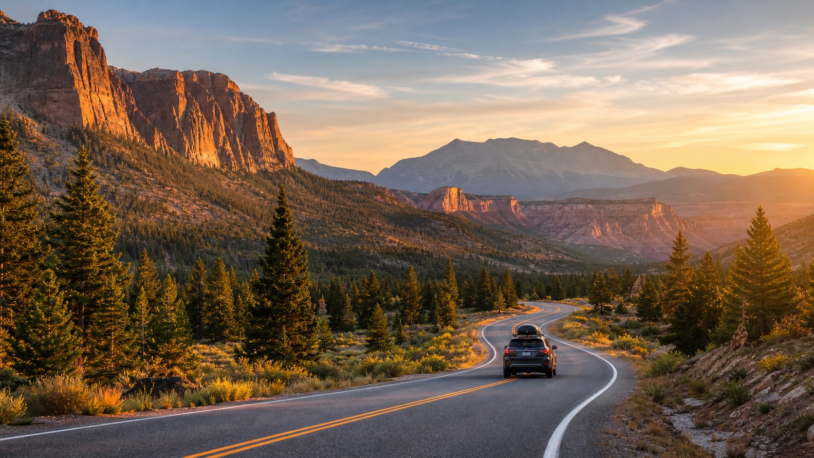 A national park road trip scene