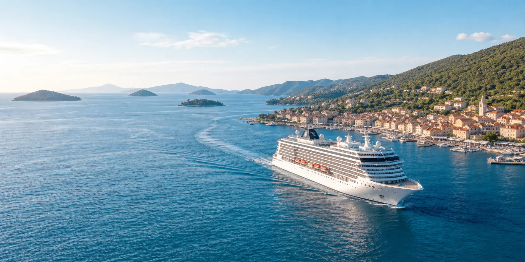 A cruise ship near a coastal port