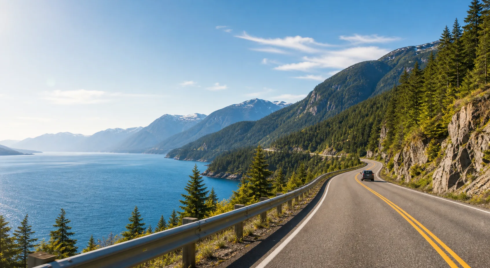 A scenic mountain road beside blue water