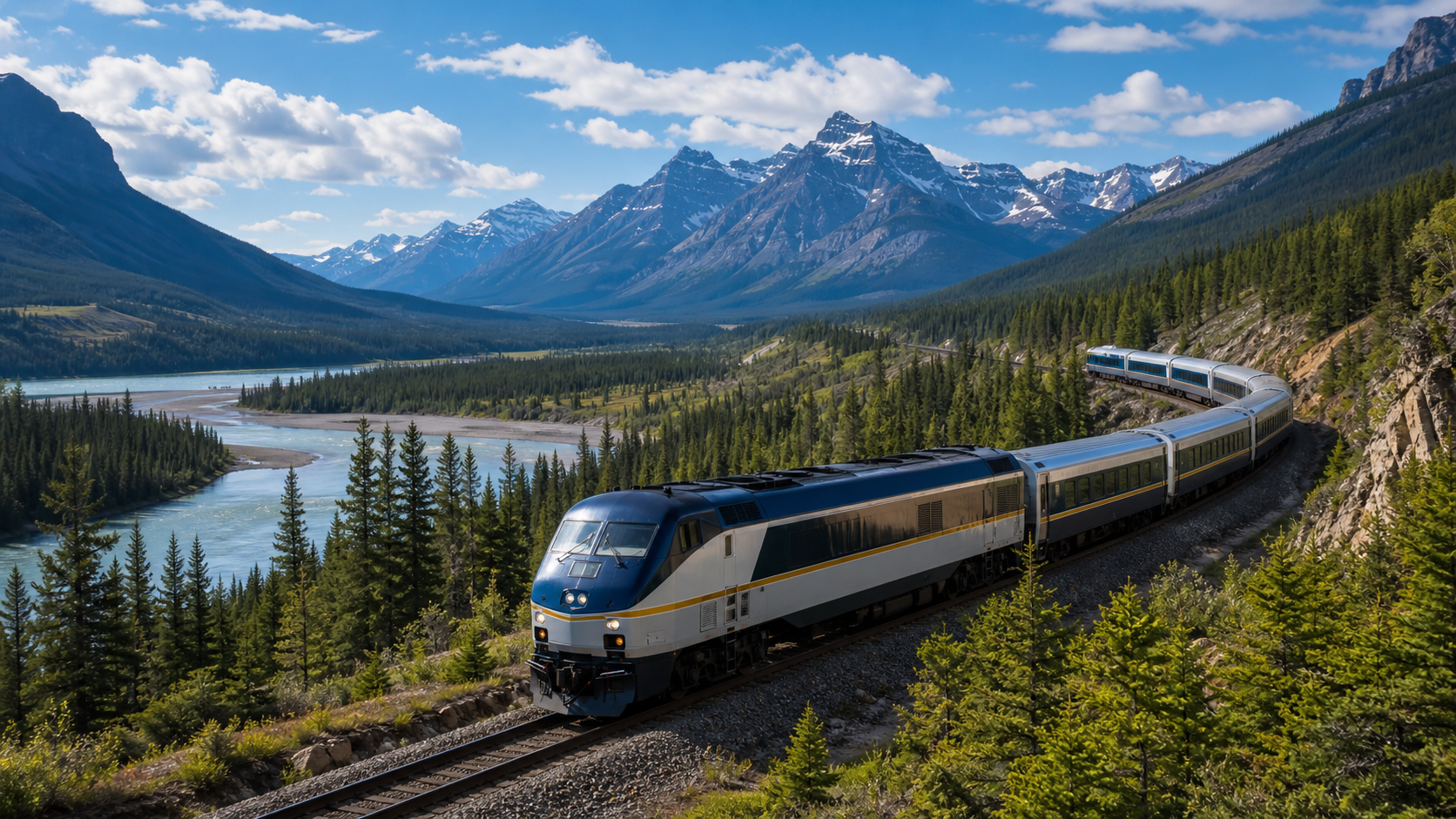 A passenger train traveling through a scenic mountain valley beside a river