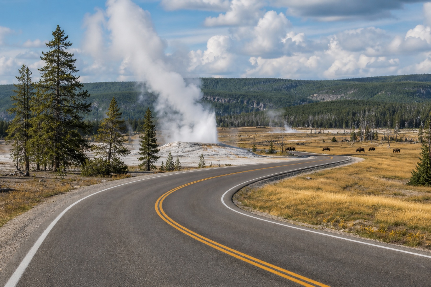 Yellowstone park road near geysers for an audio tour app